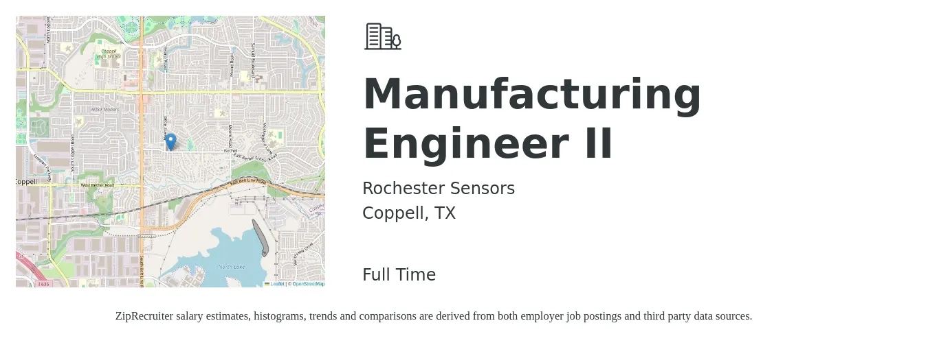 Rochester Sensors job posting for a Manufacturing Engineer II in Coppell, TX with a salary of $67,900 to $87,400 Yearly with a map of Coppell location.