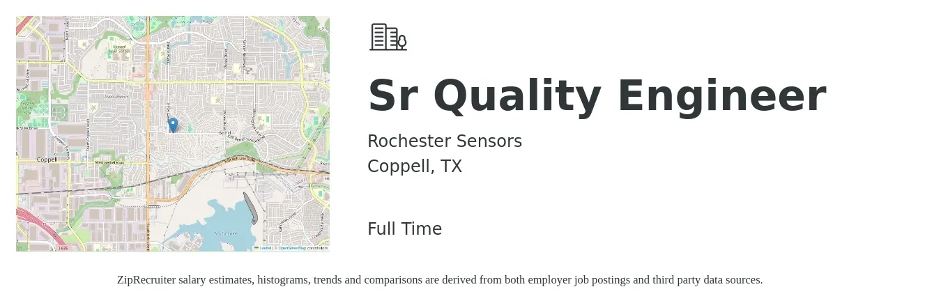 Rochester Sensors job posting for a Sr Quality Engineer in Coppell, TX with a salary of $82,300 to $111,600 Yearly with a map of Coppell location.
