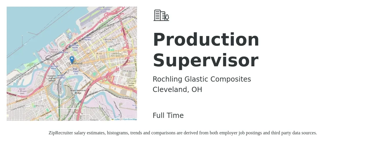 Rochling Glastic Composites job posting for a Production Supervisor in Cleveland, OH with a salary of $54,300 to $78,100 Yearly with a map of Cleveland location.