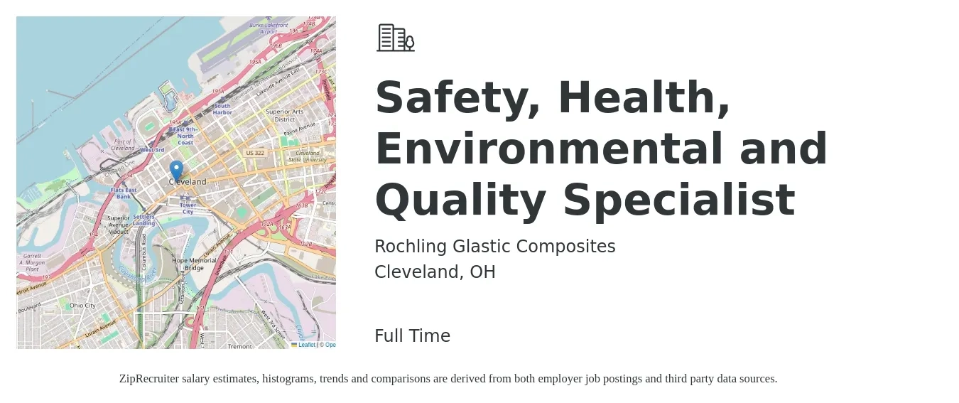 Rochling Glastic Composites job posting for a Safety, Health, Environmental and Quality Specialist in Cleveland, OH with a salary of $22 to $25 Hourly with a map of Cleveland location.