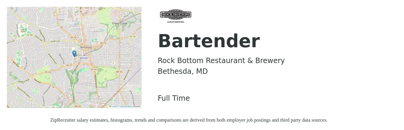 Rock Bottom Restaurant & Brewery job posting for a Bartender in Bethesda, MD with a salary of $11 to $20 Hourly with a map of Bethesda location.