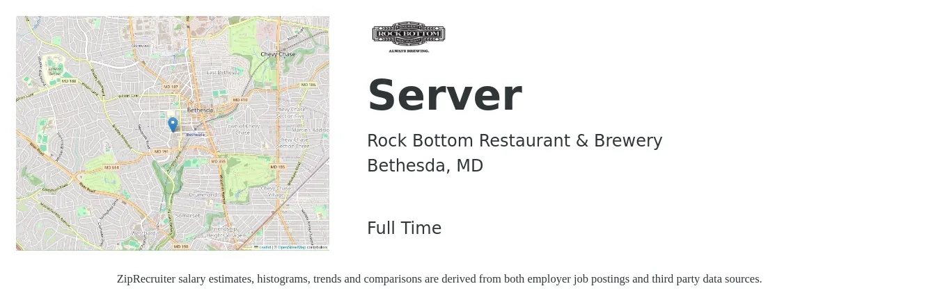 Rock Bottom Restaurant & Brewery job posting for a Server in Bethesda, MD with a salary of $12 to $19 Hourly with a map of Bethesda location.
