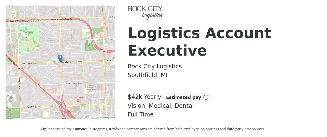 Rock City Logistics job posting for a Logistics Account Executive in Southfield, MI with a salary of $42,500 Yearly (plus commission) and benefits including medical, retirement, vision, and dental with a map of Southfield location.