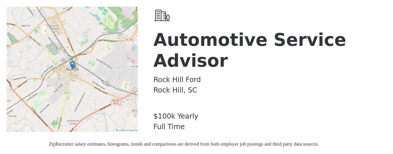 Rock Hill Ford job posting for a Automotive Service Advisor in Rock Hill, SC with a salary of $100,000 Yearly with a map of Rock Hill location.