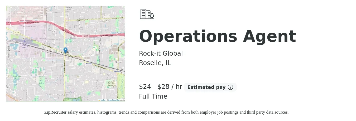 Rock-it Global job posting for a Operations Agent in Roselle, IL with a salary of $25 to $30 Hourly with a map of Roselle location.