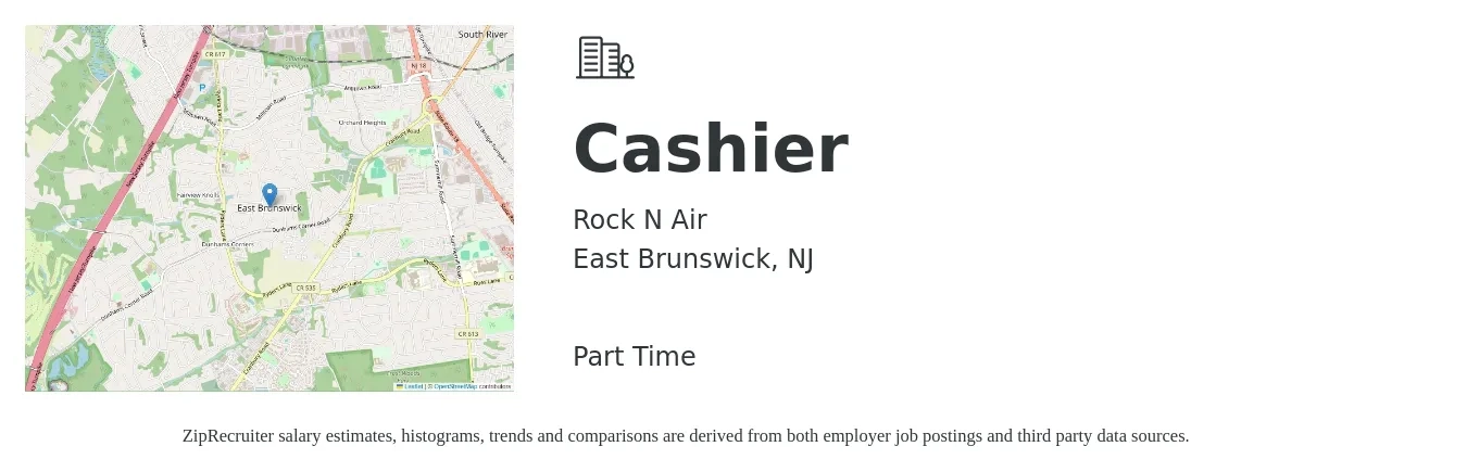 Rock N Air job posting for a Cashier in East Brunswick, NJ with a salary of $12 to $16 Hourly with a map of East Brunswick location.
