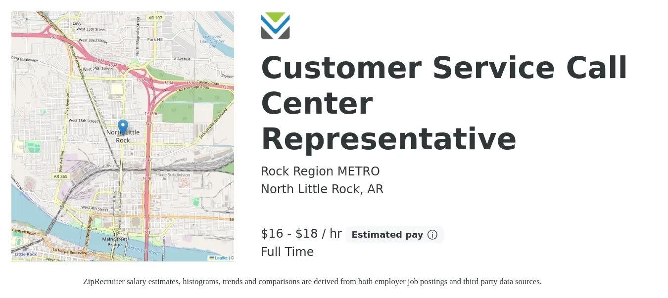 Rock Region METRO job posting for a Customer Service Call Center Representative in North Little Rock, AR with a salary of $18 to $19 Hourly with a map of North Little Rock location.