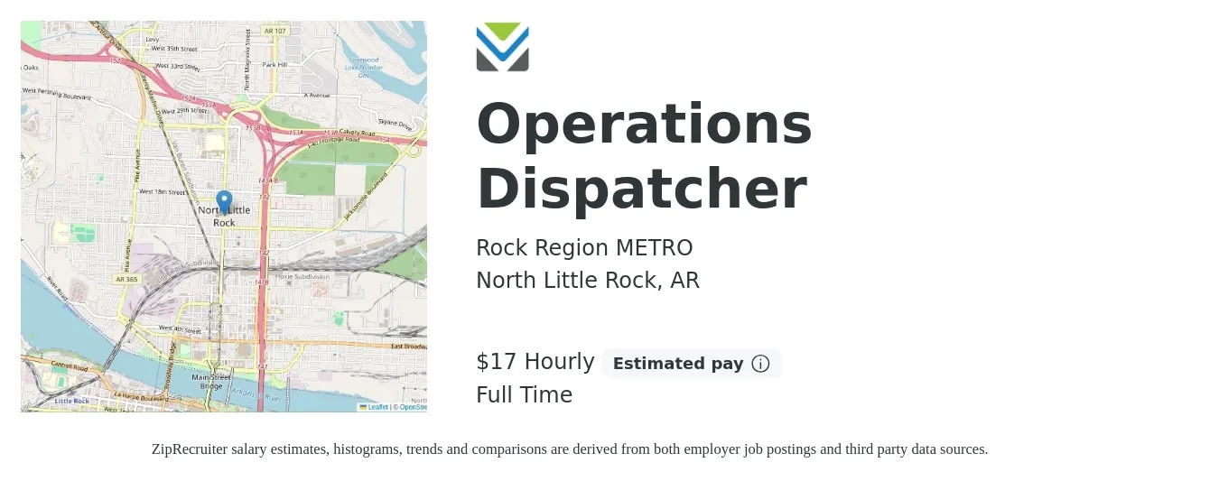 Rock Region METRO job posting for a Operations Dispatcher in North Little Rock, AR with a salary of $18 Hourly with a map of North Little Rock location.