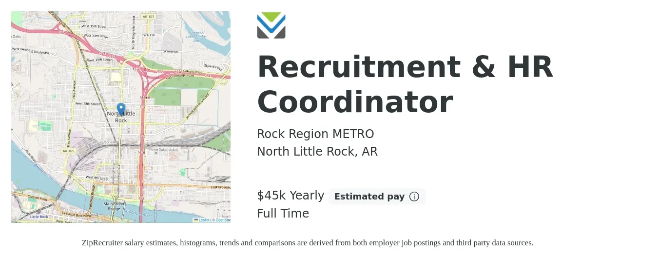 Rock Region METRO job posting for a Recruitment & HR Coordinator in North Little Rock, AR with a salary of $45,000 Yearly with a map of North Little Rock location.