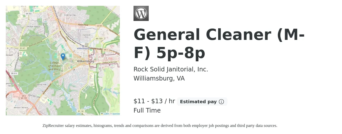 Rock Solid Janitorial, Inc. job posting for a General Cleaner (M-F) 5p-8p in Williamsburg, VA with a salary of $12 to $14 Hourly with a map of Williamsburg location.