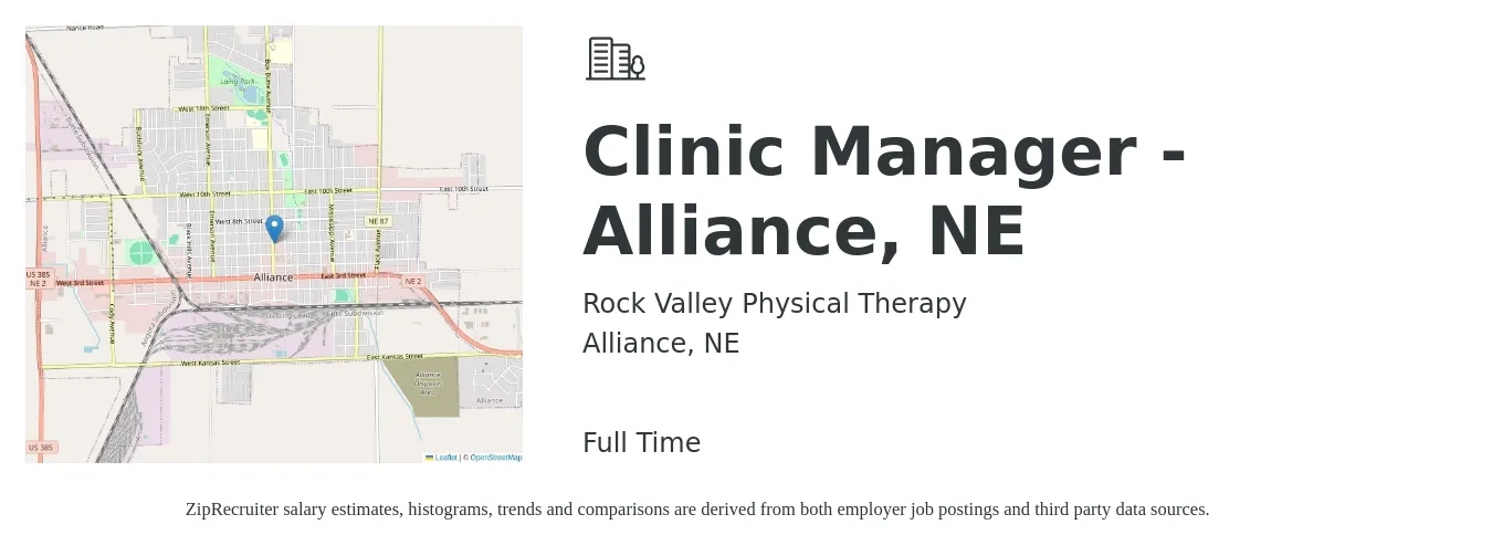 Rock Valley Physical Therapy job posting for a Clinic Manager - Alliance, NE in Alliance, NE with a salary of $69,800 to $96,500 Yearly with a map of Alliance location.