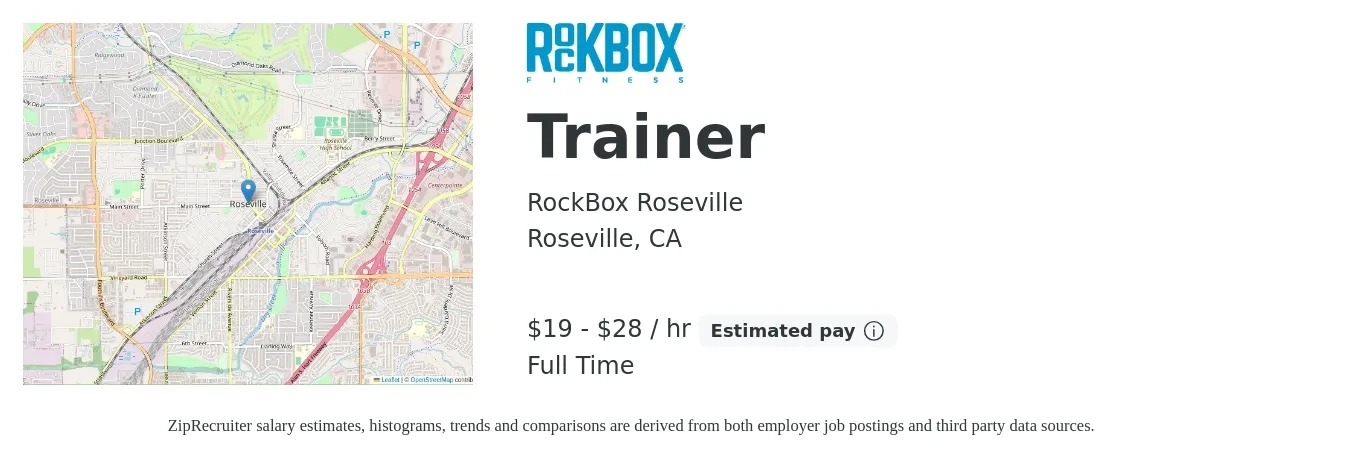 RockBox Roseville job posting for a Trainer in Roseville, CA with a salary of $20 to $30 Hourly (plus commission) with a map of Roseville location.