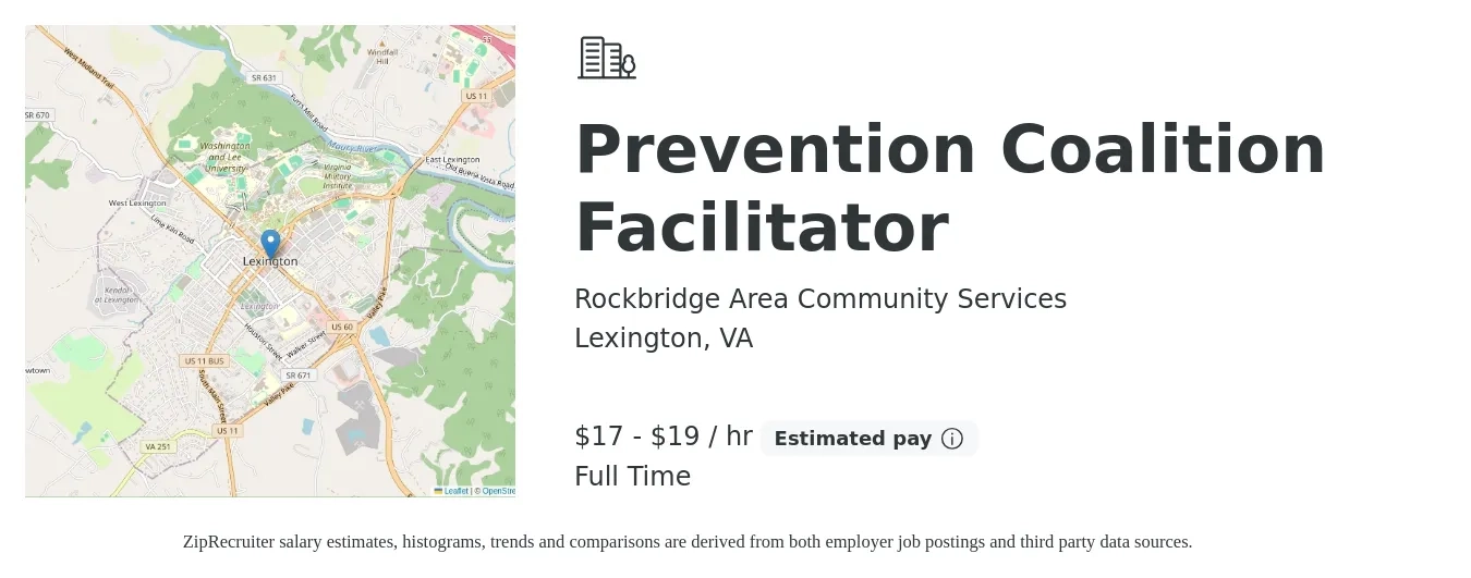 Rockbridge Area Community Services job posting for a Prevention Coalition Facilitator in Lexington, VA with a salary of $18 to $20 Hourly with a map of Lexington location.