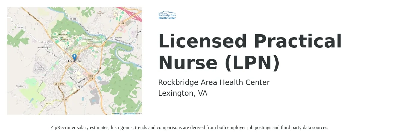 Rockbridge Area Health Center job posting for a Licensed Practical Nurse (LPN) in Lexington, VA with a salary of $23 to $31 Hourly with a map of Lexington location.