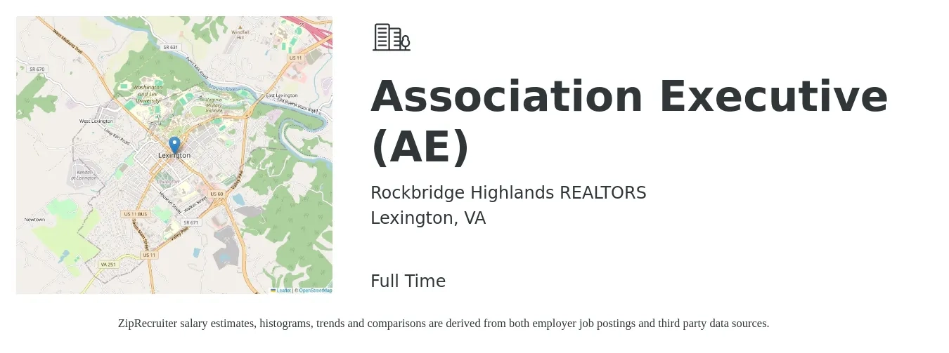 Rockbridge Highlands REALTORS job posting for a Association Executive (AE) in Lexington, VA with a salary of $51,100 to $106,200 Yearly with a map of Lexington location.