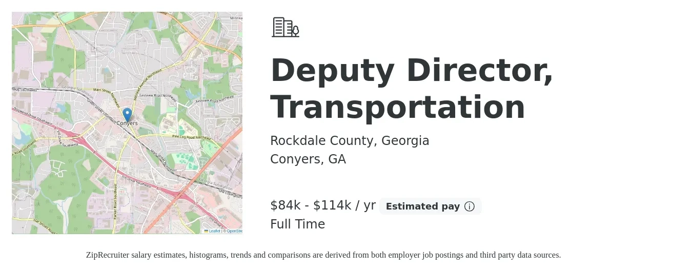 Rockdale County, Georgia job posting for a Deputy Director, Transportation in Conyers, GA with a salary of $84,885 to $114,594 Yearly with a map of Conyers location.