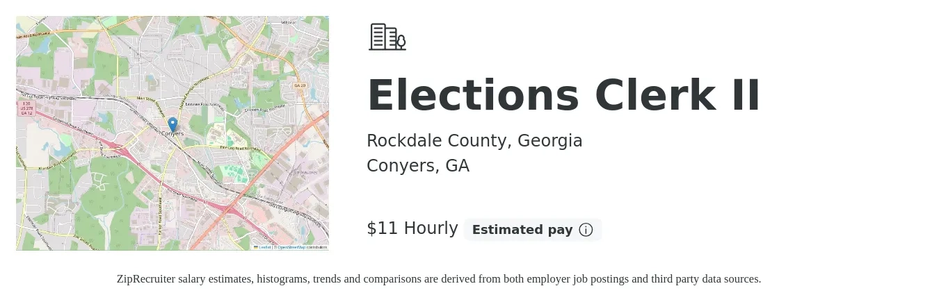 Rockdale County, Georgia job posting for a Elections Clerk II in Conyers, GA with a salary of $12 Hourly with a map of Conyers location.