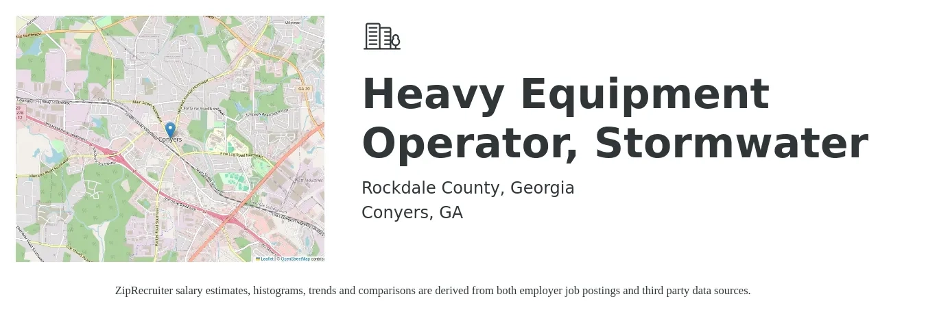 Rockdale County, Georgia job posting for a Heavy Equipment Operator, Stormwater in Conyers, GA with a salary of $21 Hourly with a map of Conyers location.