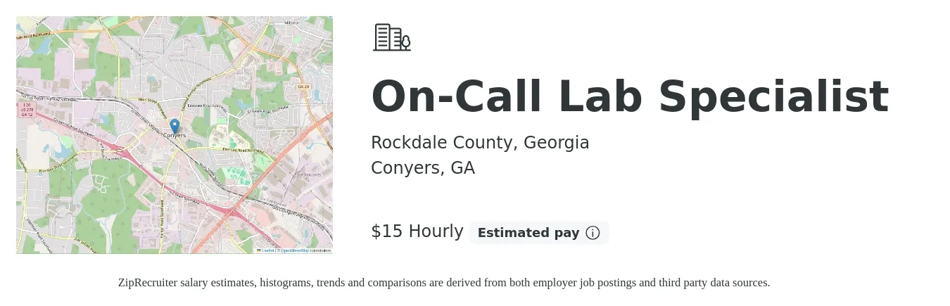 Rockdale County, Georgia job posting for a On-Call Lab Specialist in Conyers, GA with a salary of $16 Hourly with a map of Conyers location.