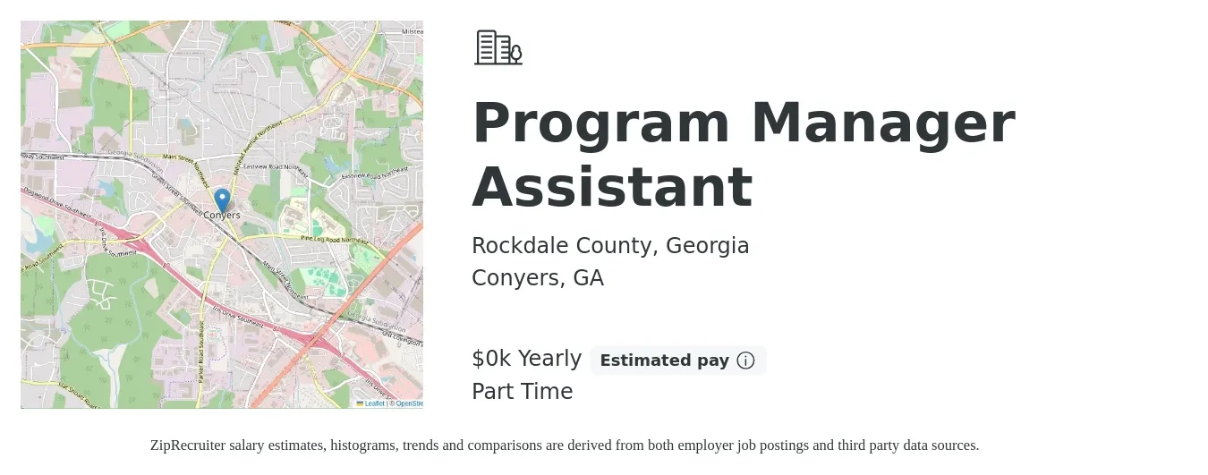Rockdale County, Georgia job posting for a Program Manager Assistant in Conyers, GA with a salary of $21 Yearly with a map of Conyers location.