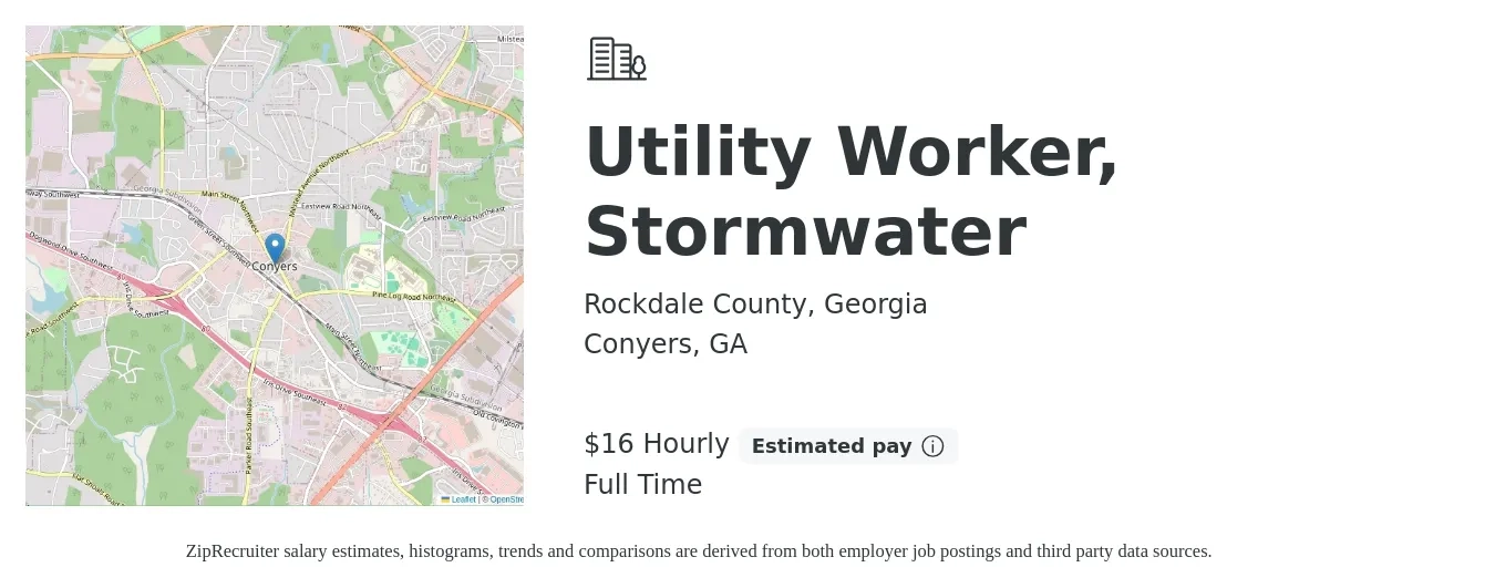 Rockdale County, Georgia job posting for a Utility Worker, Stormwater in Conyers, GA with a salary of $17 Hourly with a map of Conyers location.