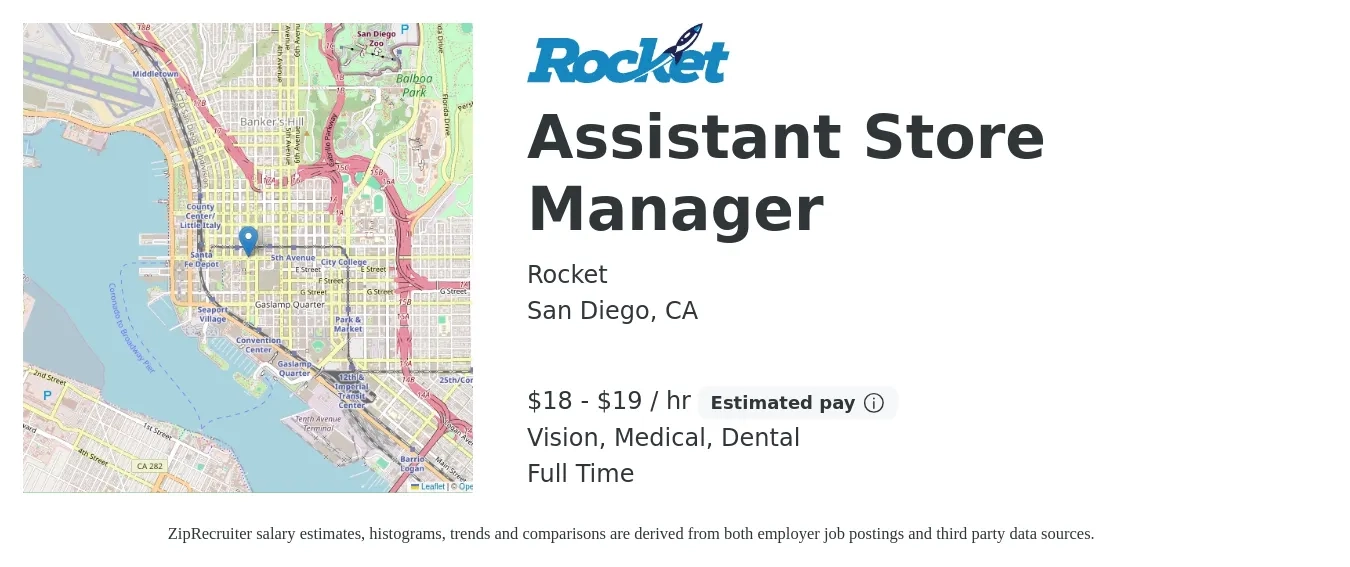 Rocket job posting for a Assistant Store Manager in San Diego, CA with a salary of $19 to $20 Hourly and benefits including dental, life_insurance, medical, retirement, and vision with a map of San Diego location.