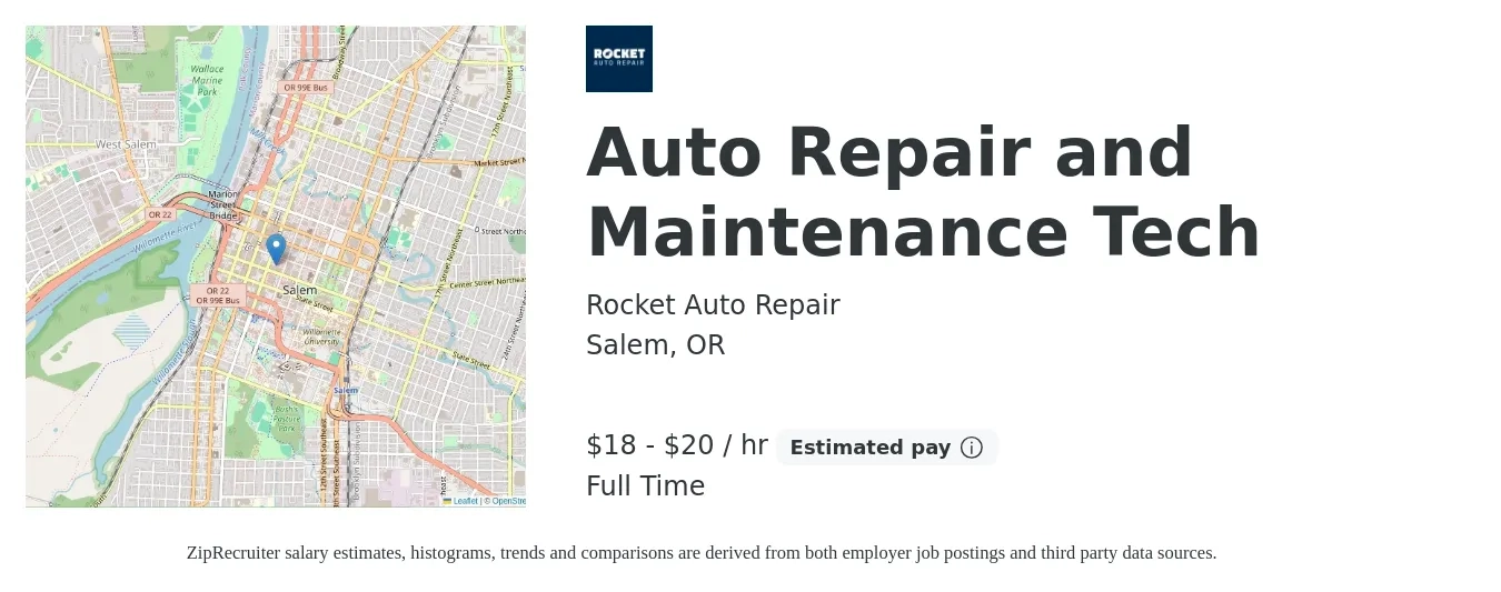 Rocket Auto Repair job posting for a Auto Repair and Maintenance Tech in Salem, OR with a salary of $19 to $21 Hourly with a map of Salem location.