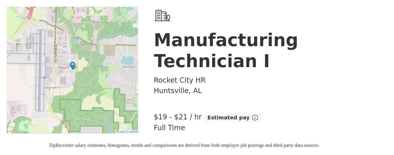 Rocket City HR job posting for a Manufacturing Technician I in Huntsville, AL with a salary of $20 to $22 Hourly with a map of Huntsville location.