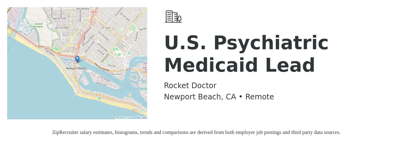 Rocket Doctor job posting for a U.S. Psychiatric Medicaid Lead in Newport Beach, CA with a salary of $22 to $36 Hourly with a map of Newport Beach location.