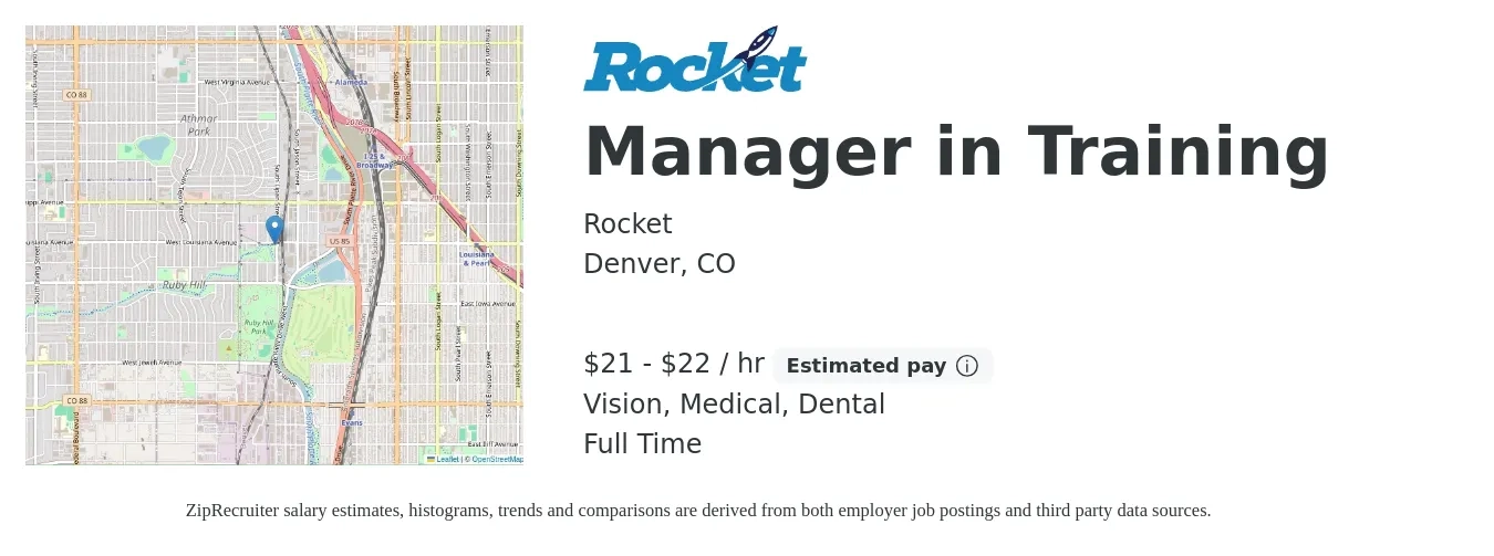 Rocket job posting for a Manager in Training in Denver, CO with a salary of $22 to $24 Hourly and benefits including life_insurance, medical, retirement, vision, and dental with a map of Denver location.