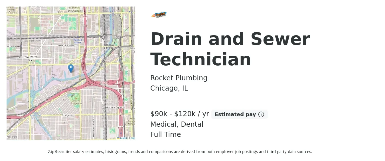 Rocket Plumbing job posting for a Drain and Sewer Technician in Chicago, IL with a salary of $90,000 to $120,000 Yearly and benefits including dental, and medical with a map of Chicago location.