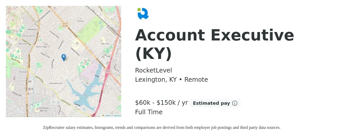 RocketLevel job posting for a Account Executive (KY) in Lexington, KY with a salary of $60,000 to $150,000 Yearly with a map of Lexington location.