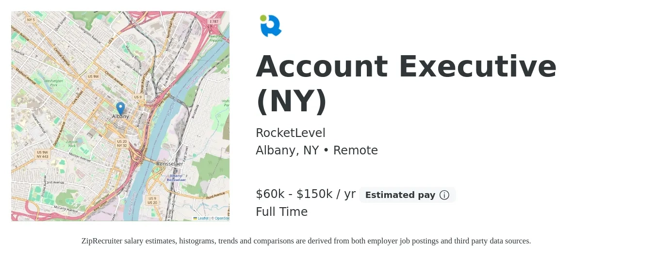 RocketLevel job posting for a Account Executive (NY) in Albany, NY with a salary of $60,000 to $150,000 Yearly with a map of Albany location.