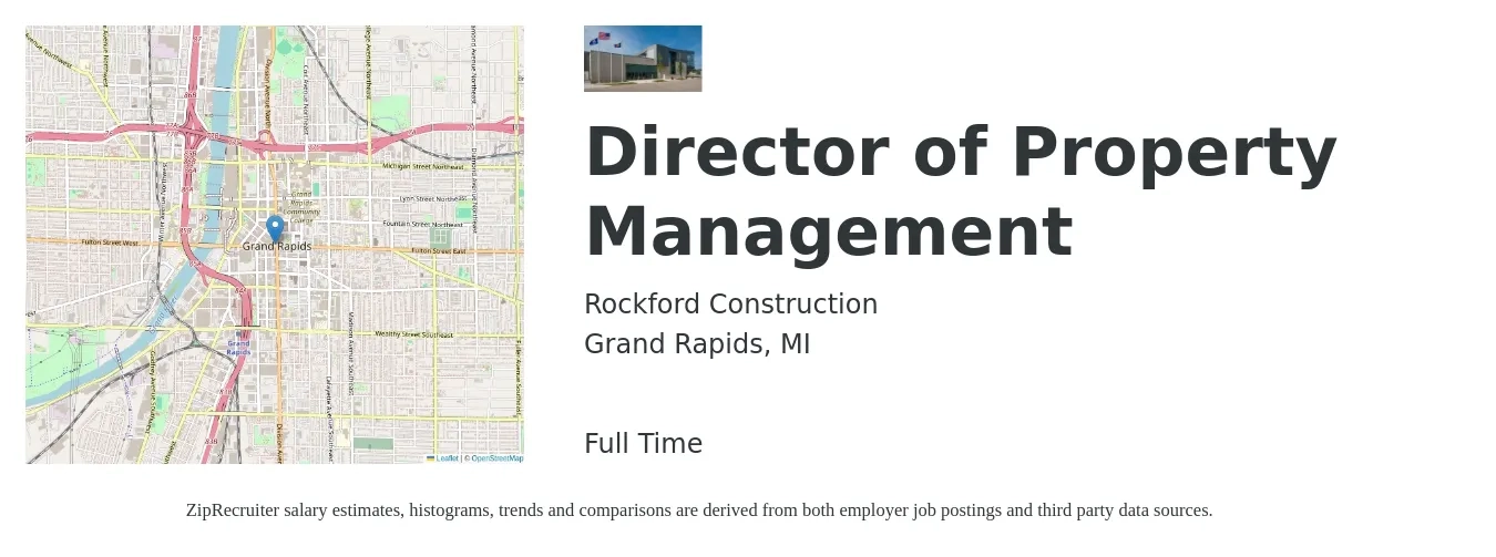 Rockford Construction job posting for a Director of Property Management in Grand Rapids, MI with a salary of $71,600 to $139,700 Yearly with a map of Grand Rapids location.