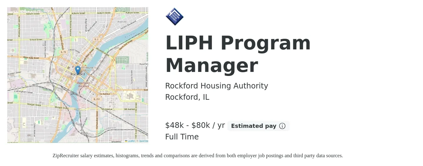 Rockford Housing Authority job posting for a LIPH Program Manager in Rockford, IL with a salary of $48,000 to $80,000 Yearly with a map of Rockford location.