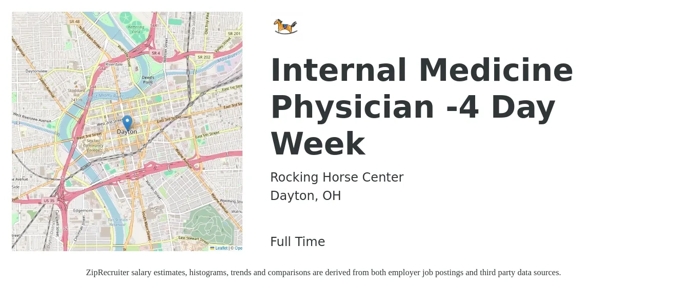 Rocking Horse Center job posting for a Internal Medicine Physician -4 Day Week in Dayton, OH with a salary of $116,500 to $242,700 Yearly with a map of Dayton location.