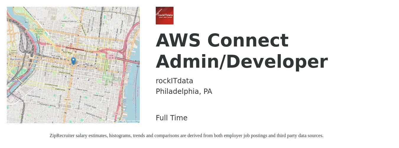 rockITdata job posting for a AWS Connect Admin/Developer in Philadelphia, PA with a salary of $38 to $64 Hourly with a map of Philadelphia location.