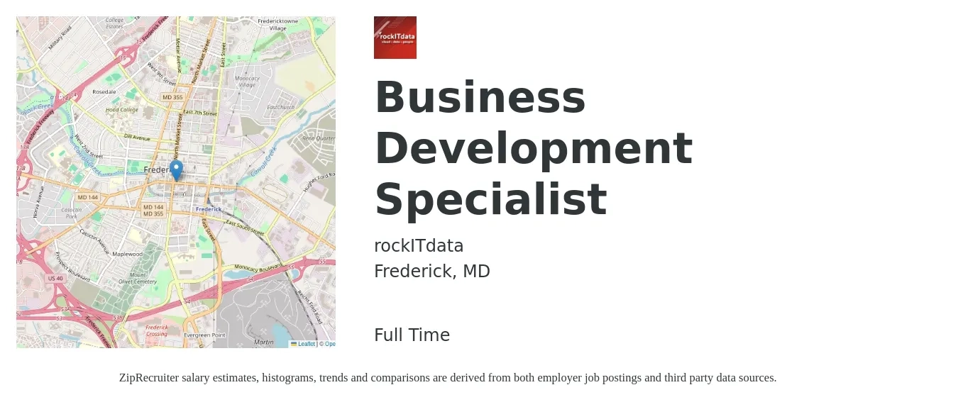 rockITdata job posting for a Business Development Specialist in Frederick, MD with a salary of $46,700 to $78,000 Yearly with a map of Frederick location.