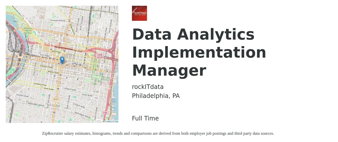 rockITdata job posting for a Data Analytics Implementation Manager in Philadelphia, PA with a salary of $50 to $67 Hourly with a map of Philadelphia location.