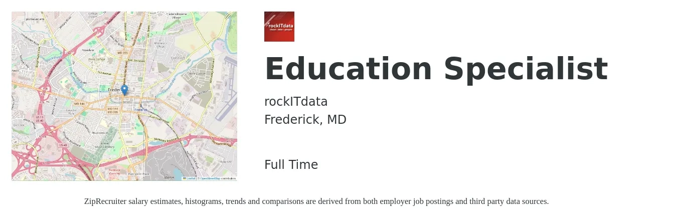 rockITdata job posting for a Education Specialist in Frederick, MD with a salary of $64,600 to $115,800 Yearly with a map of Frederick location.