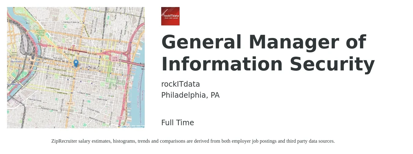 rockITdata job posting for a General Manager of Information Security in Philadelphia, PA with a salary of $18 to $29 Hourly with a map of Philadelphia location.