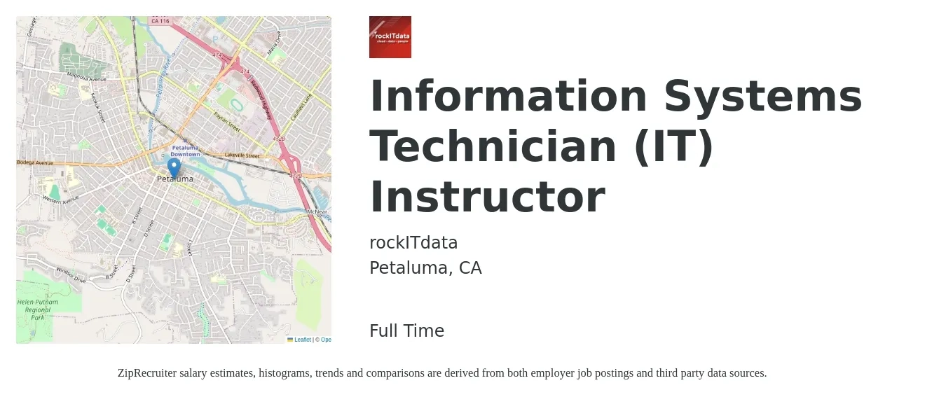 rockITdata job posting for a Information Systems Technician (IT) Instructor in Petaluma, CA with a salary of $30 to $54 Hourly with a map of Petaluma location.
