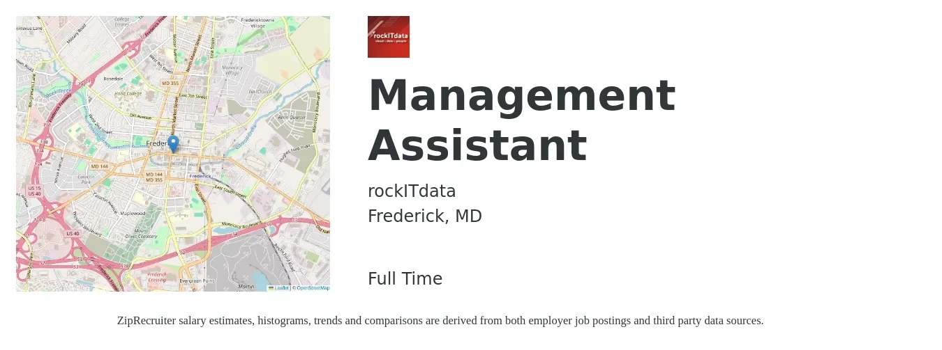 rockITdata job posting for a Management Assistant in Frederick, MD with a salary of $41,800 to $48,200 Yearly with a map of Frederick location.