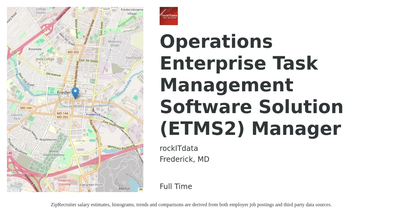 rockITdata job posting for a Operations Enterprise Task Management Software Solution (ETMS2) Manager in Frederick, MD with a salary of $73,100 to $114,300 Yearly with a map of Frederick location.