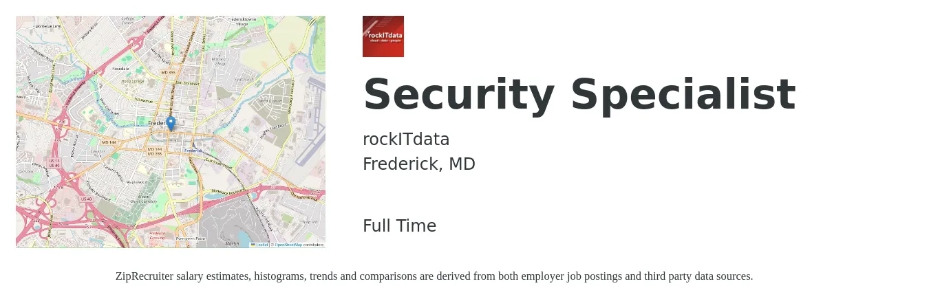 rockITdata job posting for a Security Specialist in Frederick, MD with a salary of $52,700 to $98,900 Yearly with a map of Frederick location.