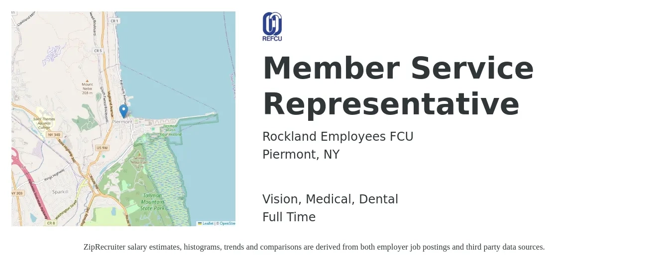 Rockland Employees FCU job posting for a Member Service Representative in Piermont, NY with a salary of $13 to $20 Hourly and benefits including retirement, vision, dental, life_insurance, and medical with a map of Piermont location.