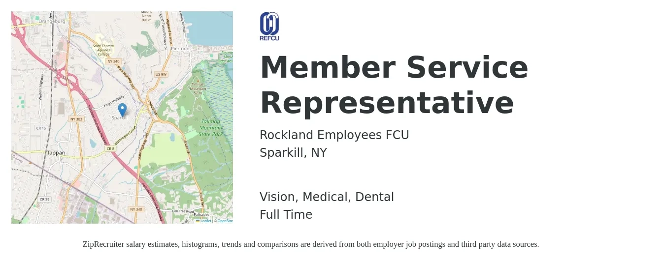 Rockland Employees FCU job posting for a Member Service Representative in Sparkill, NY with a salary of $13 to $20 Hourly and benefits including retirement, vision, dental, life_insurance, and medical with a map of Sparkill location.