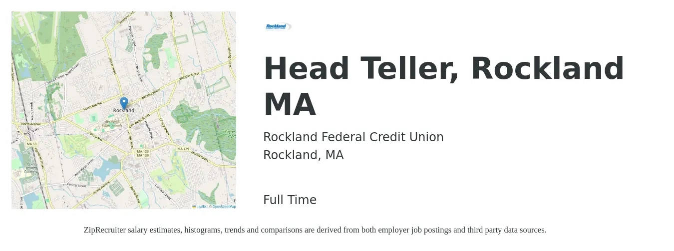 Rockland Federal Credit Union job posting for a Head Teller- Rockland, MA in Rockland, MA with a salary of $17 to $21 Hourly with a map of Rockland location.