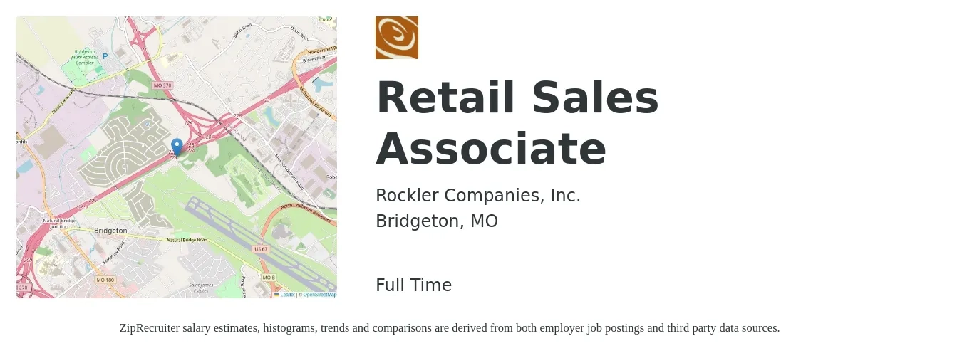 Rockler Companies, Inc. job posting for a Retail Sales Associate in Bridgeton, MO with a salary of $14 to $16 Hourly with a map of Bridgeton location.