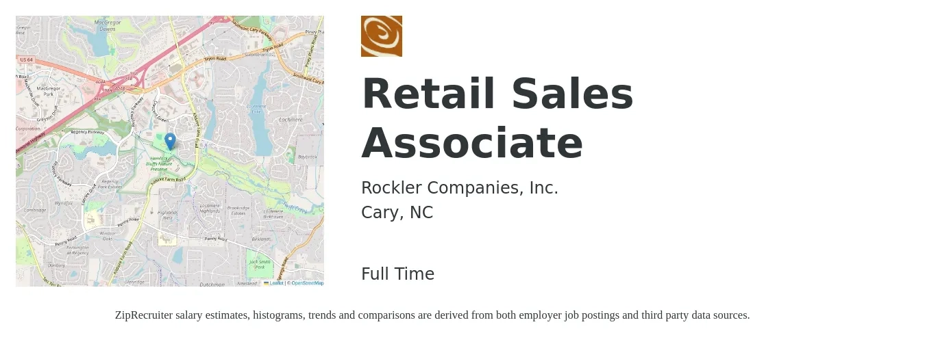 Rockler Companies, Inc. job posting for a Retail Sales Associate in Cary, NC with a salary of $15 to $18 Hourly with a map of Cary location.